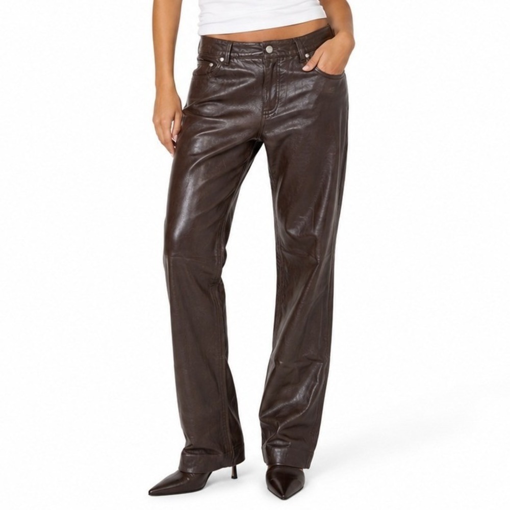 Newport News Leather Pants Women 12 Brown Jeanology Straight Leg Edgy Biker Moto